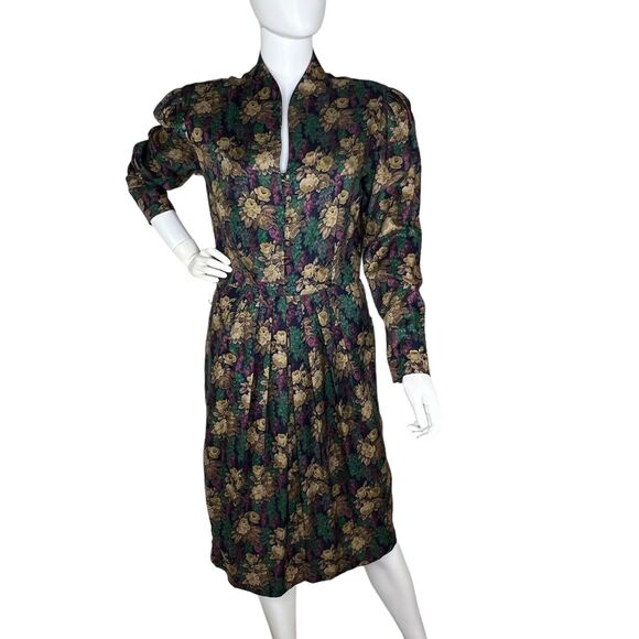 Vtg 80s Liz Claiborne Size 10 Floral Button Up Puff Sleeve Cottage Midi Dress - Picture 1 of 11